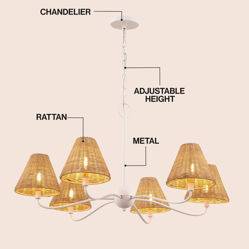 Grady Coastal Farmhouse Adjustable Swooping Arm Metal with Hand-Woven Rattan Shades LED Chandelier