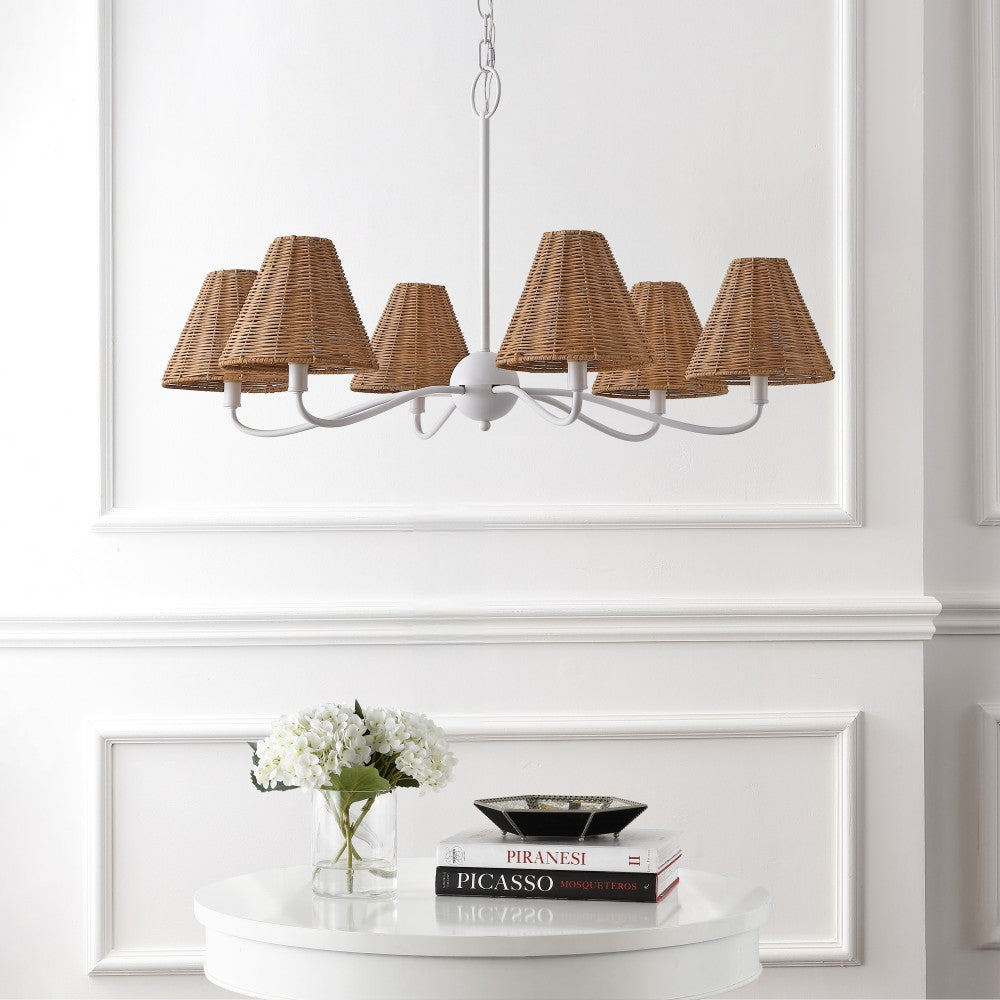 Grady Coastal Farmhouse Adjustable Swooping Arm Metal with Hand-Woven Rattan Shades LED Chandelier