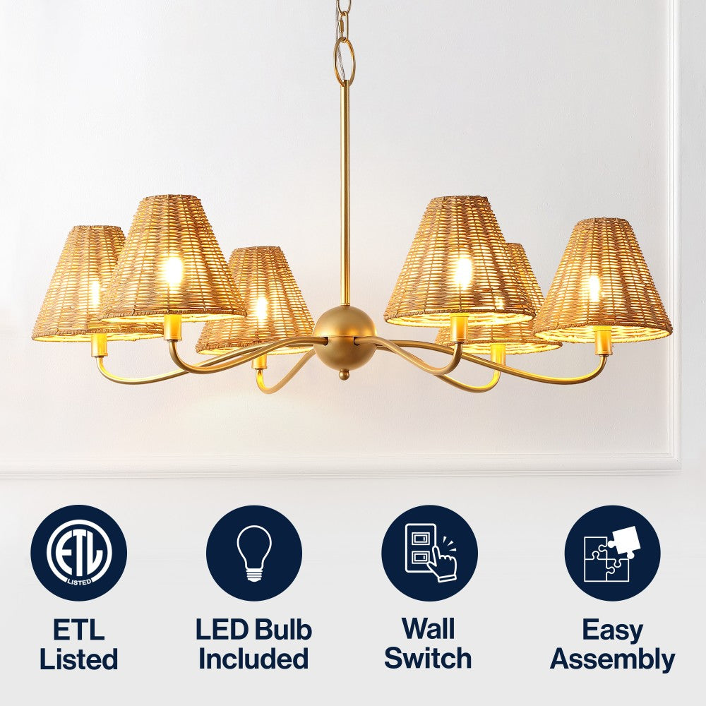 Grady Coastal Farmhouse Adjustable Swooping Arm Metal with Hand-Woven Rattan Shades LED Chandelier