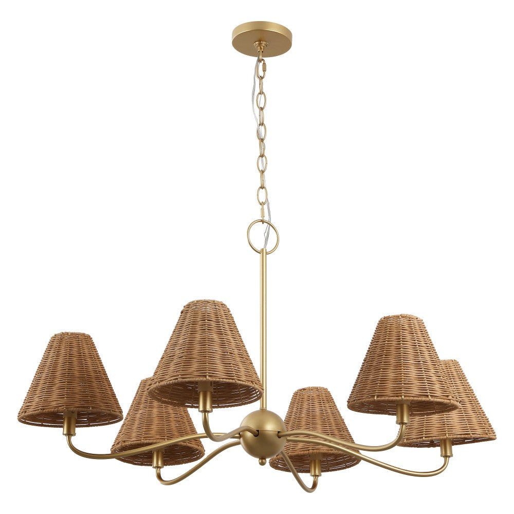 Grady Coastal Farmhouse Adjustable Swooping Arm Metal with Hand-Woven Rattan Shades LED Chandelier