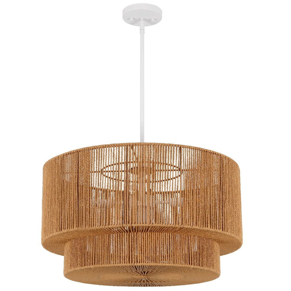 Elliott Coastal Bohemian Adjustable Metal Hand-Woven Rattan-Look Paper Rope 2-Tier Drum LED Chandelier