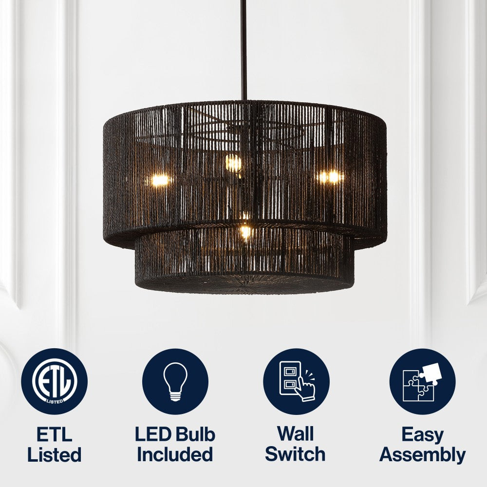 Elliott Coastal Bohemian Adjustable Metal Hand-Woven Rattan-Look Paper Rope 2-Tier Drum LED Chandelier