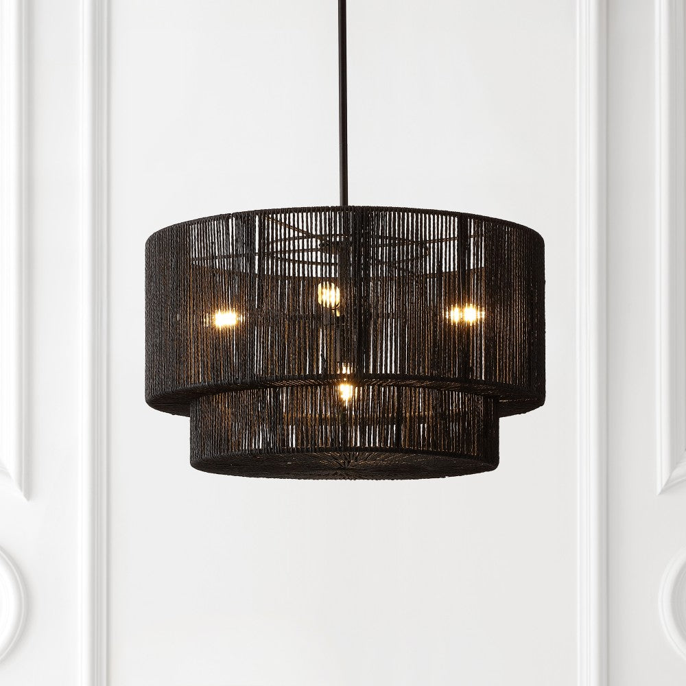 Elliott Coastal Bohemian Adjustable Metal Hand-Woven Rattan-Look Paper Rope 2-Tier Drum LED Chandelier