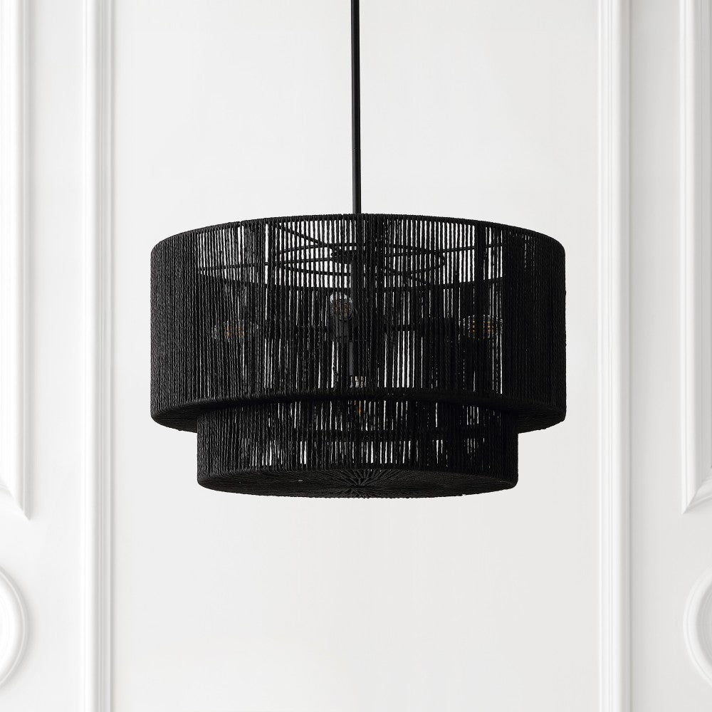 Elliott Coastal Bohemian Adjustable Metal Hand-Woven Rattan-Look Paper Rope 2-Tier Drum LED Chandelier