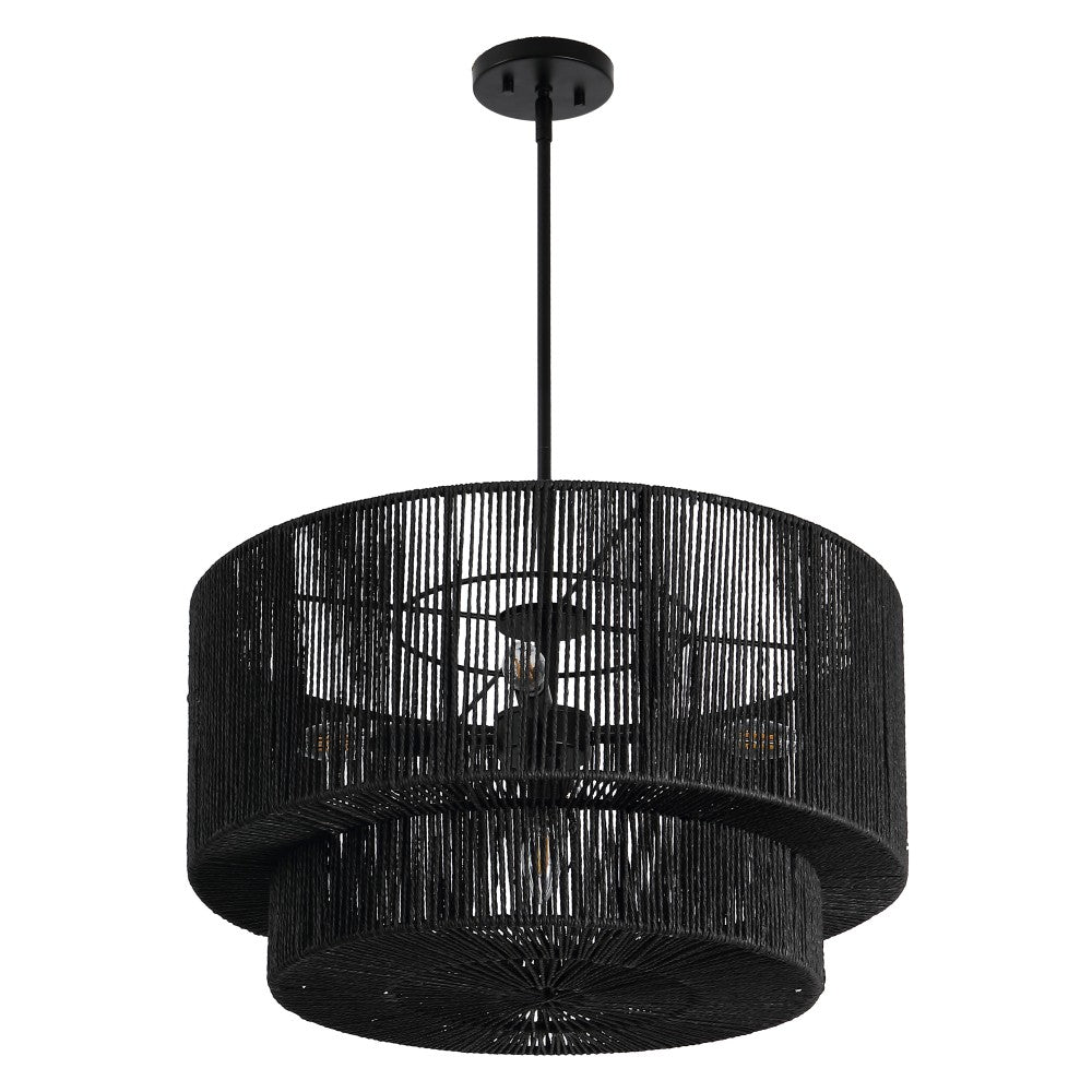 Elliott Coastal Bohemian Adjustable Metal Hand-Woven Rattan-Look Paper Rope 2-Tier Drum LED Chandelier