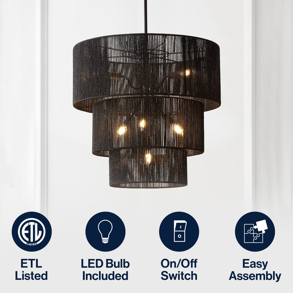 Orson 24 in. 7-Light Coastal Bohemian Metal and Woven Paper Rope 3-Tier LED Chandelier