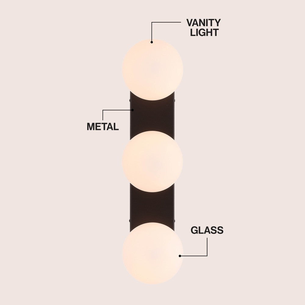 Myrtle 23.3 in. 3-Light Mid-Century Modern Metal and Frosted Glass Globe LED Vanity Light