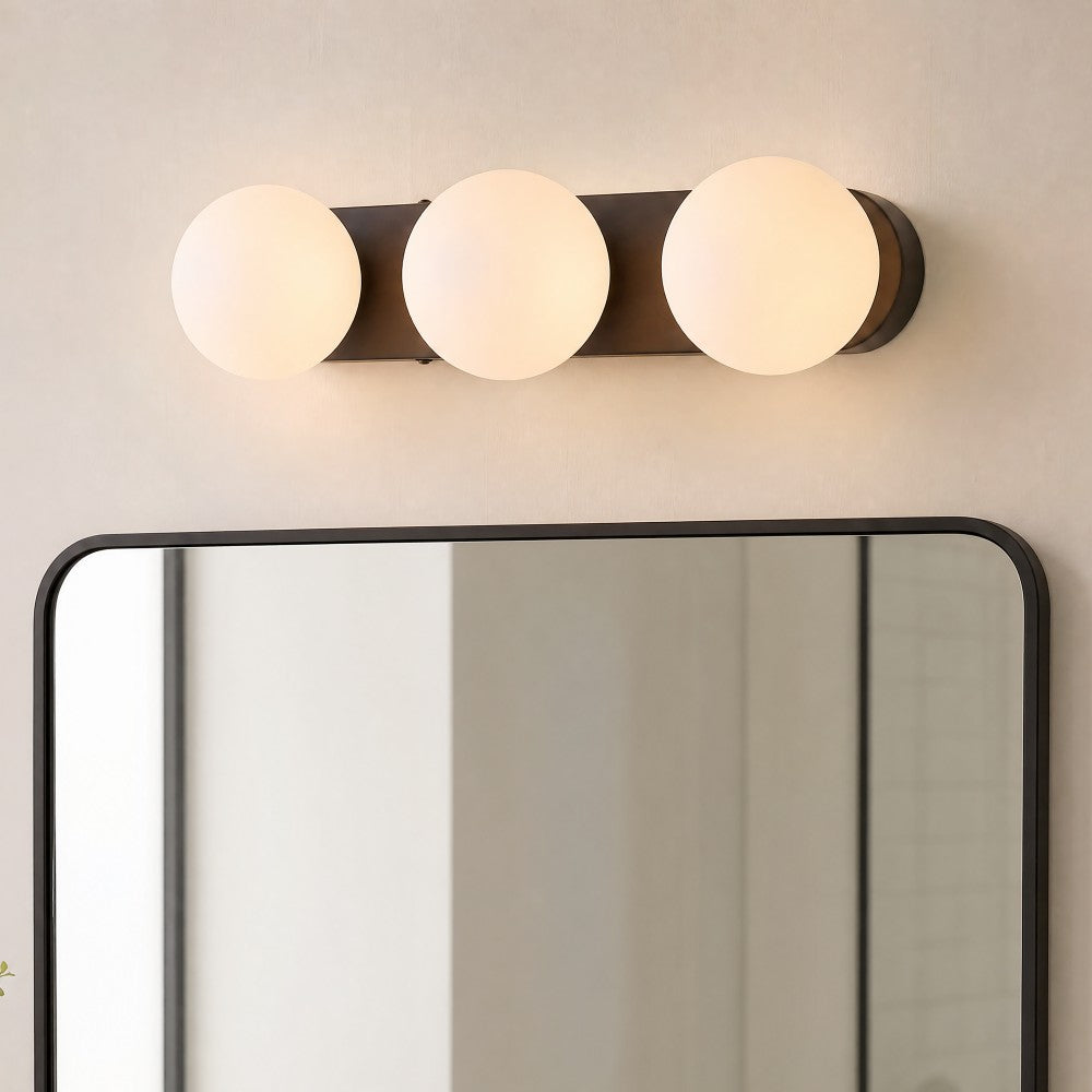 Myrtle 23.3 in. 3-Light Mid-Century Modern Metal and Frosted Glass Globe LED Vanity Light