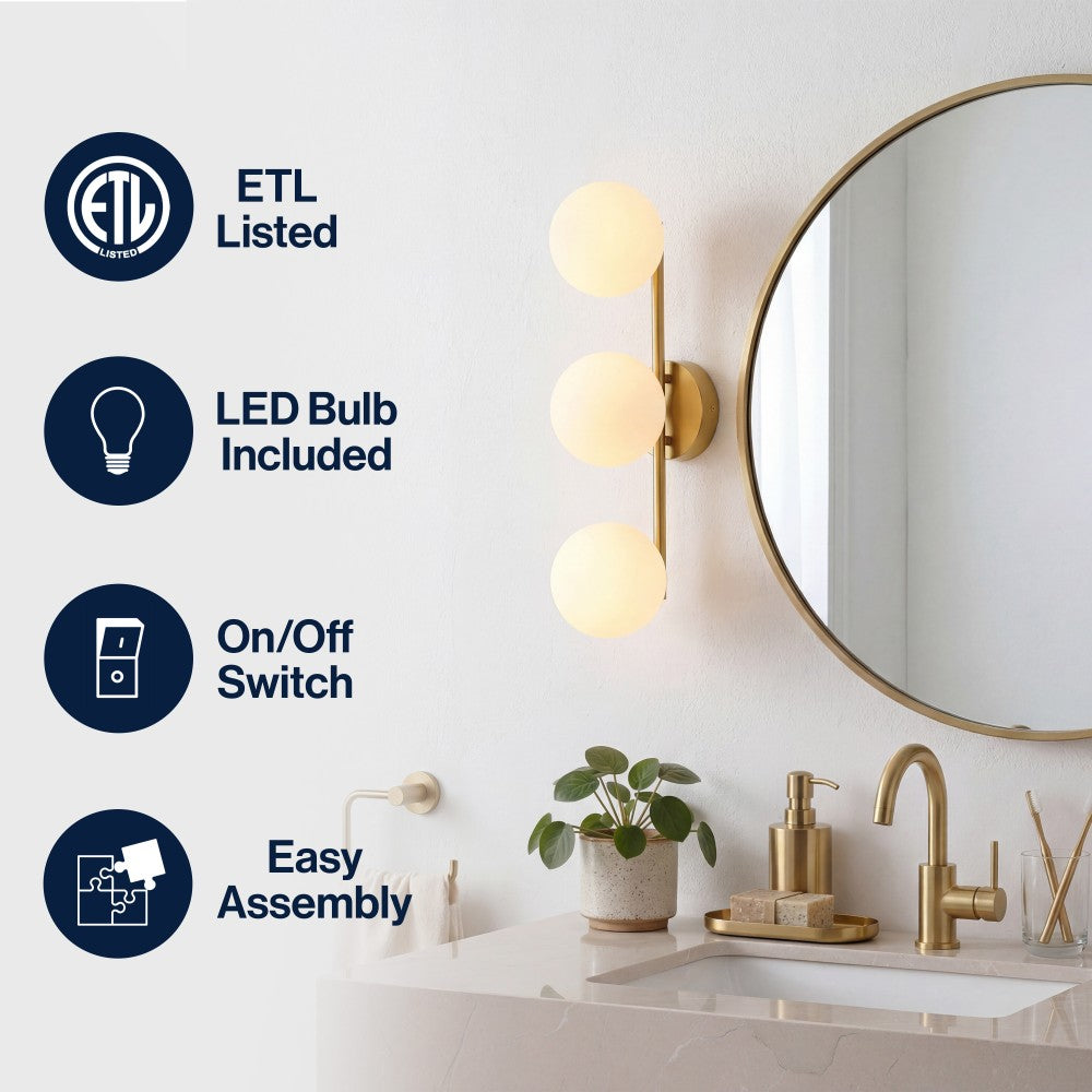 Opal 23 in. 3-Light Mid-Century Modern Metal and Frosted Glass Globe LED Vanity Light