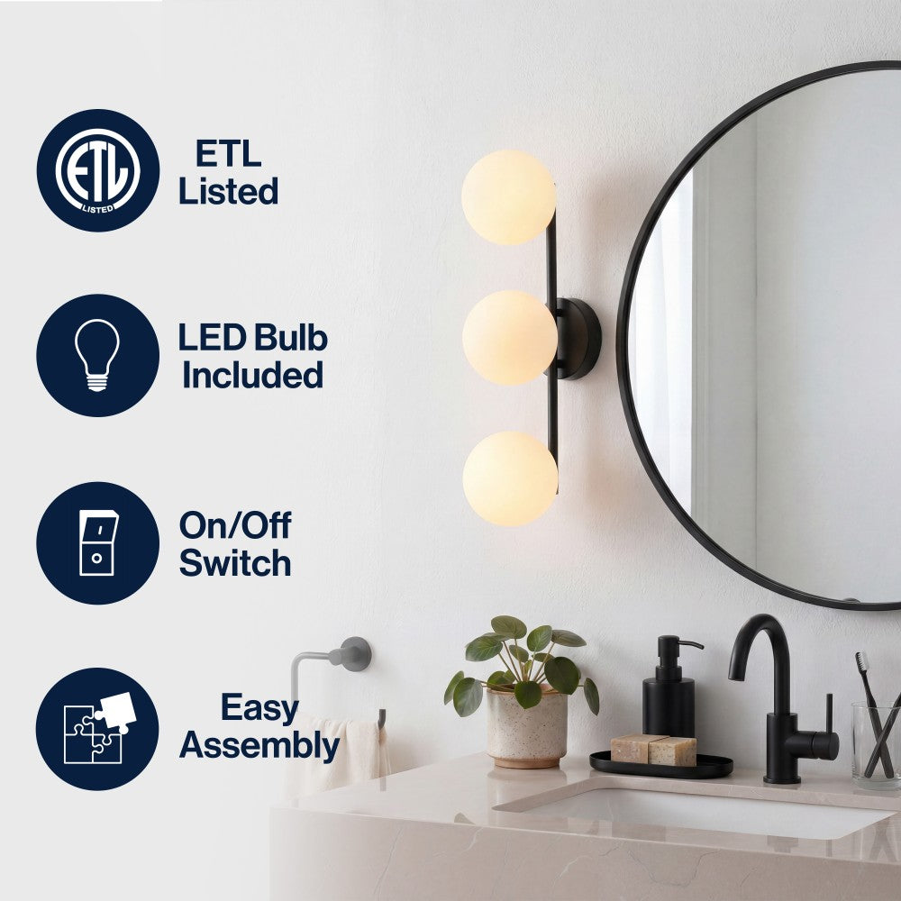 Opal 23 in. 3-Light Mid-Century Modern Metal and Frosted Glass Globe LED Vanity Light