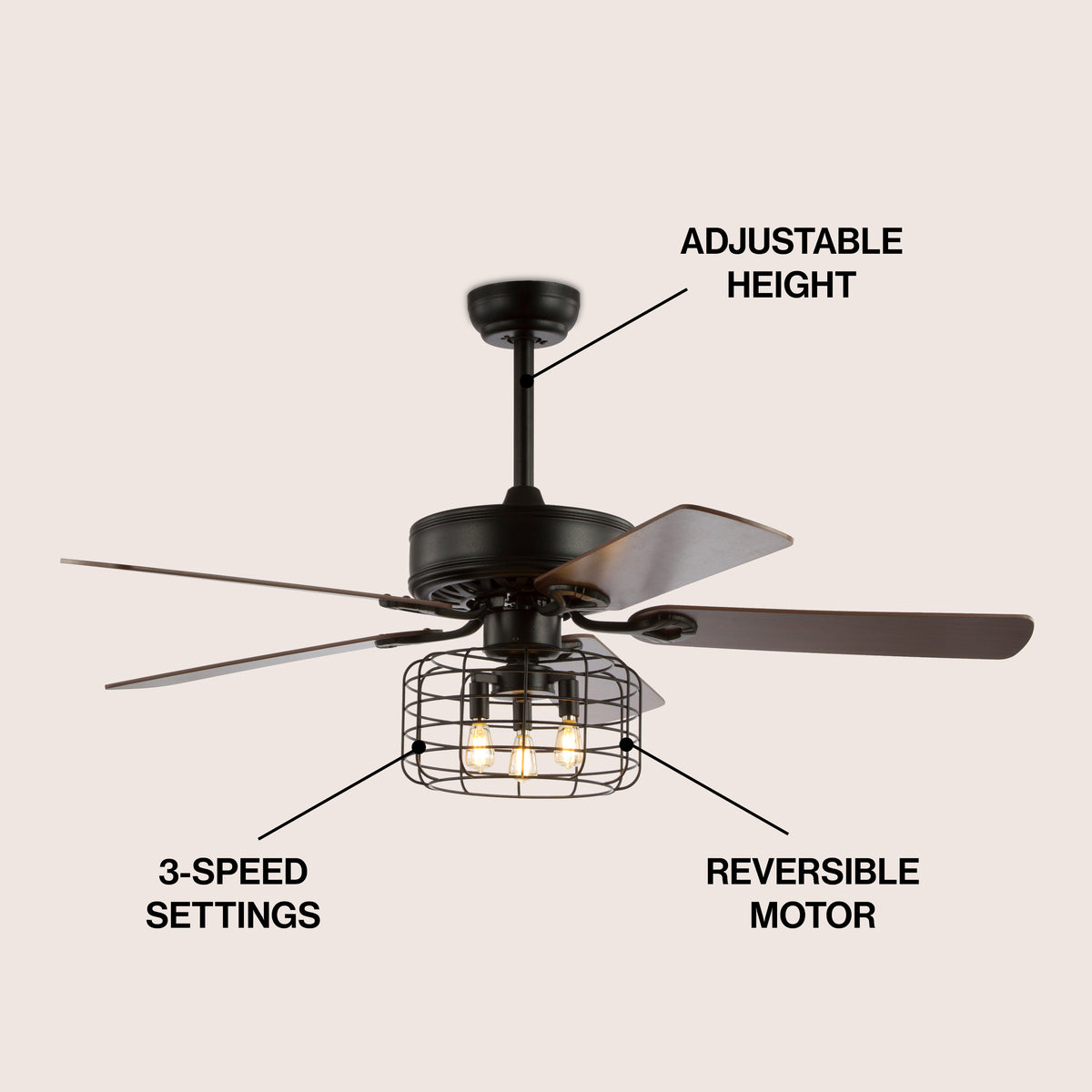 Maroon 52" 3-Light Industrial Metal/Wood LED Ceiling Fan With Remote
