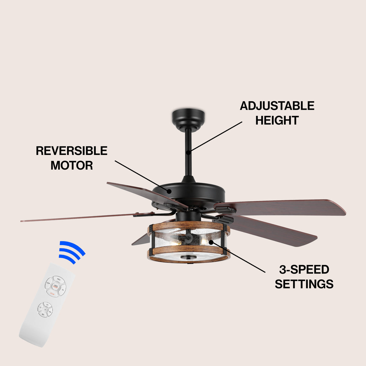 Sundowner 52" Rustic Industrial Iron/Wood/Seeded Glass Mobile-App/Remote-Controlled LED Ceiling Fan