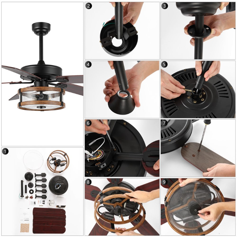 Sundowner 52" Rustic Industrial Iron/Wood/Seeded Glass Mobile-App/Remote-Controlled LED Ceiling Fan