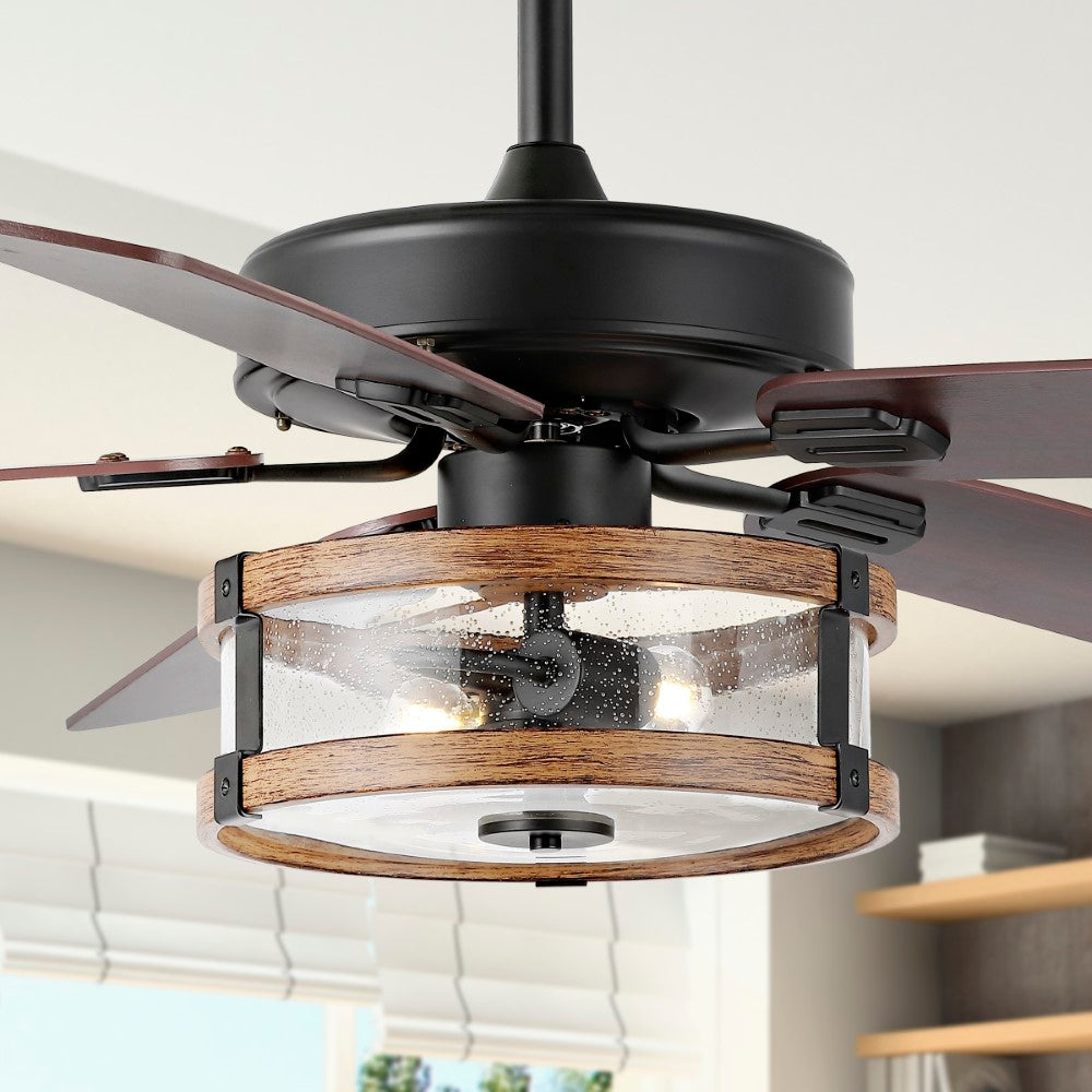 Sundowner 52" Rustic Industrial Iron/Wood/Seeded Glass Mobile-App/Remote-Controlled LED Ceiling Fan