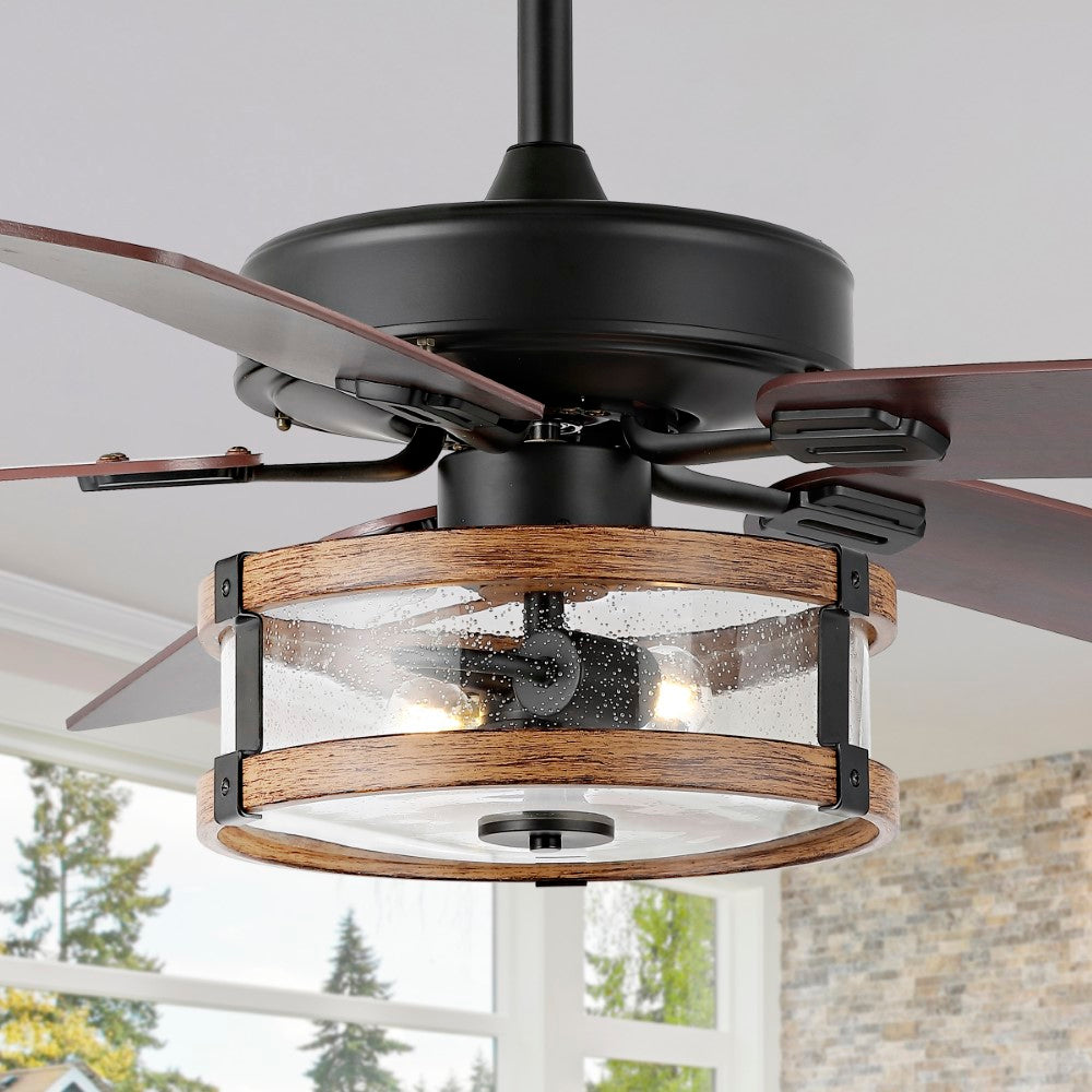 Sundowner 52" Rustic Industrial Iron/Wood/Seeded Glass Mobile-App/Remote-Controlled LED Ceiling Fan