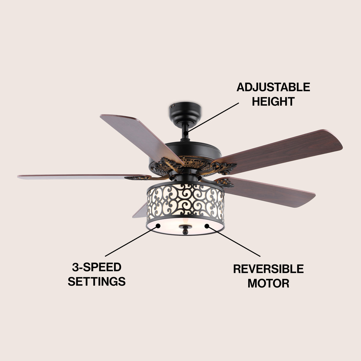 Simmons 52" Farmhouse Industrial Iron Scroll Drum Shade LED Ceiling Fan With Remote