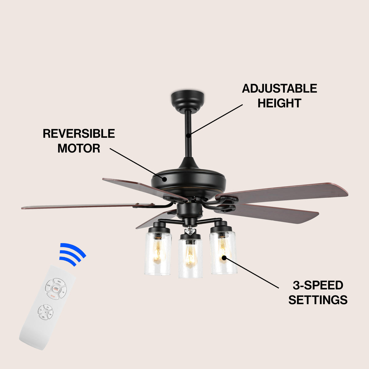 Hunter 52"  Rustic Industrial Iron/Wood/Seeded Glass Mobile-App/Remote-Controlled LED Ceiling Fan