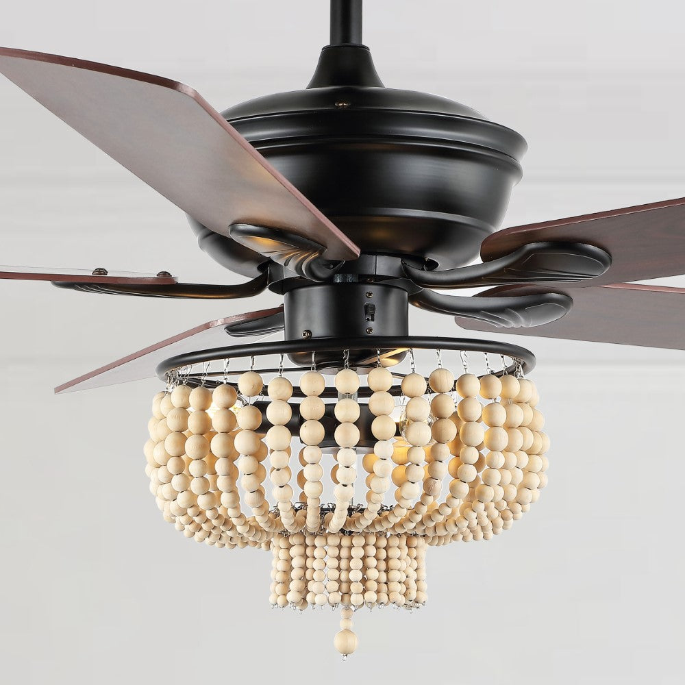 Damon 52" Farmhouse Rustic Wood Bead Shade LED Ceiling Fan With Remote