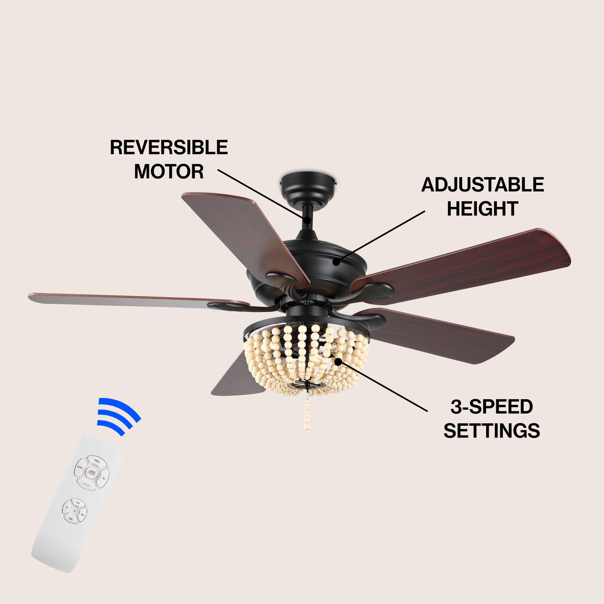 Decadent Rustic Farmhouse Iron/Wood Bead Mobile-App/Remote-Controlled LED Ceiling Fan