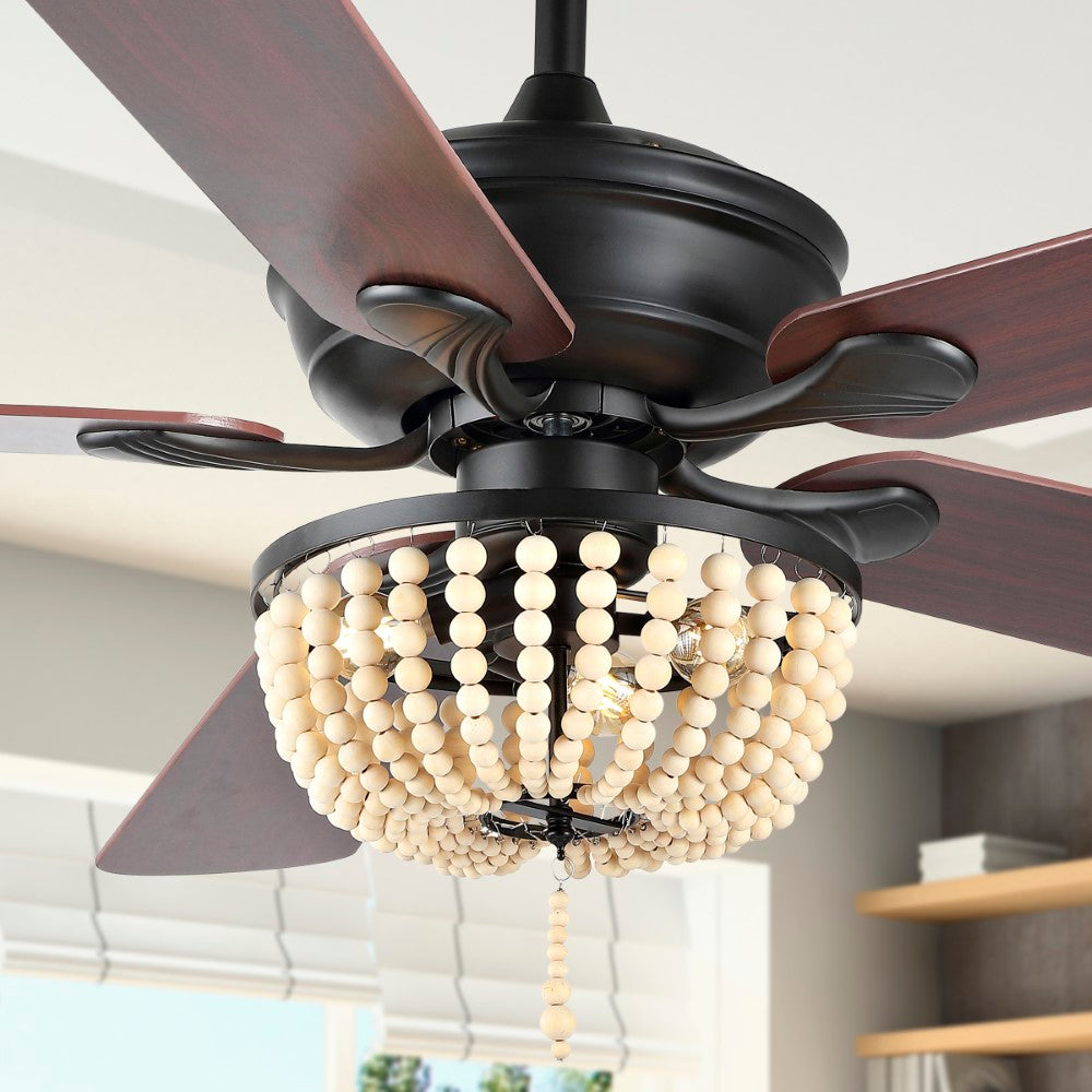 Decadent Rustic Farmhouse Iron/Wood Bead Mobile-App/Remote-Controlled LED Ceiling Fan