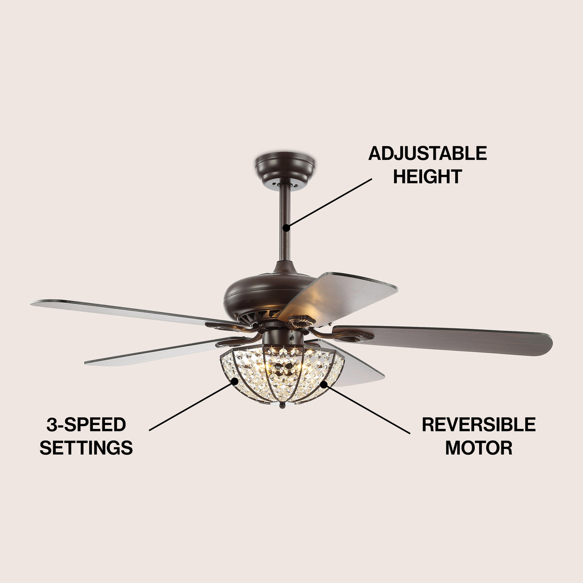 Meek 52" 3-Light Bronze Crystal LED Ceiling Fan With Remote