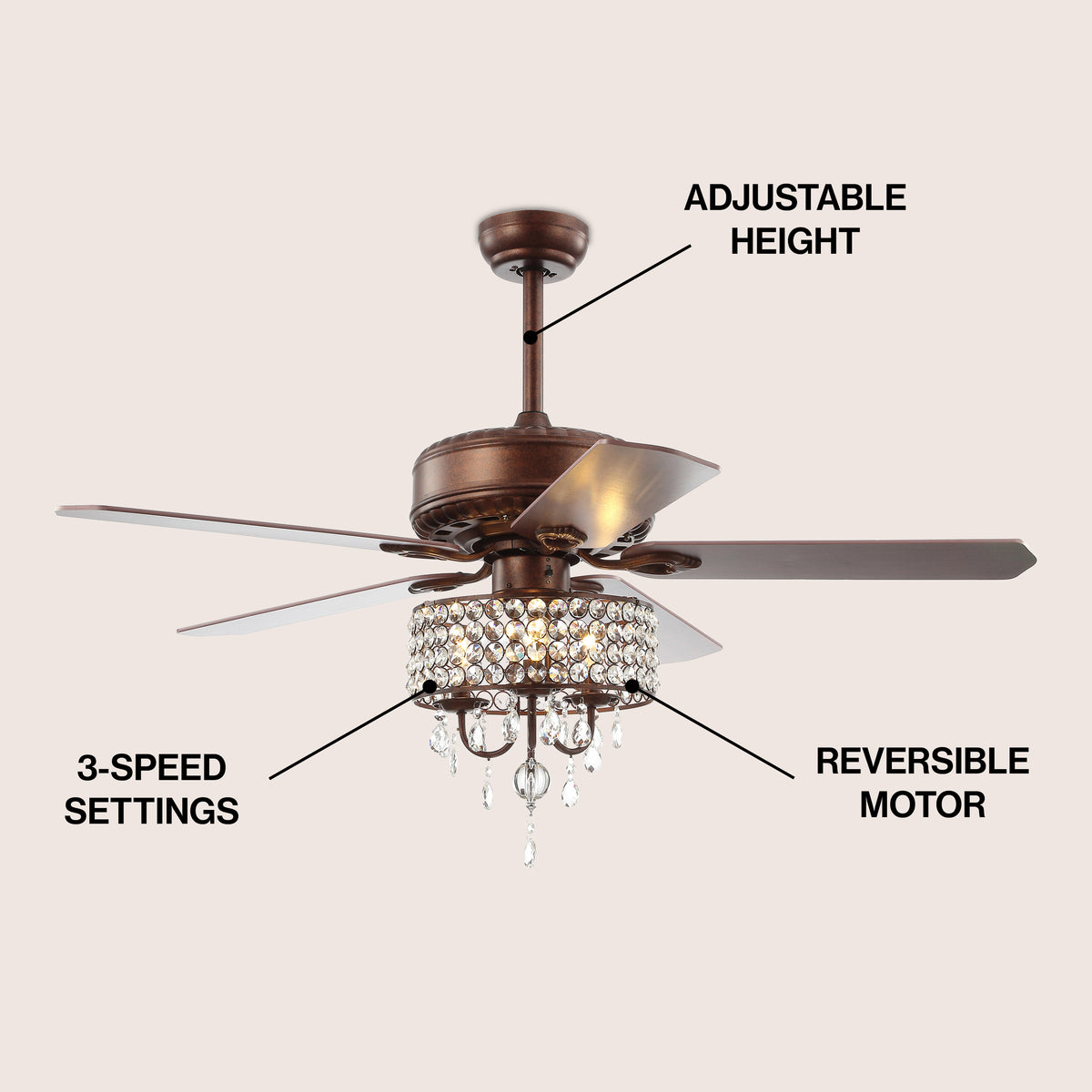 Crimson 52" 3-Light Crystal LED Fan With Remote