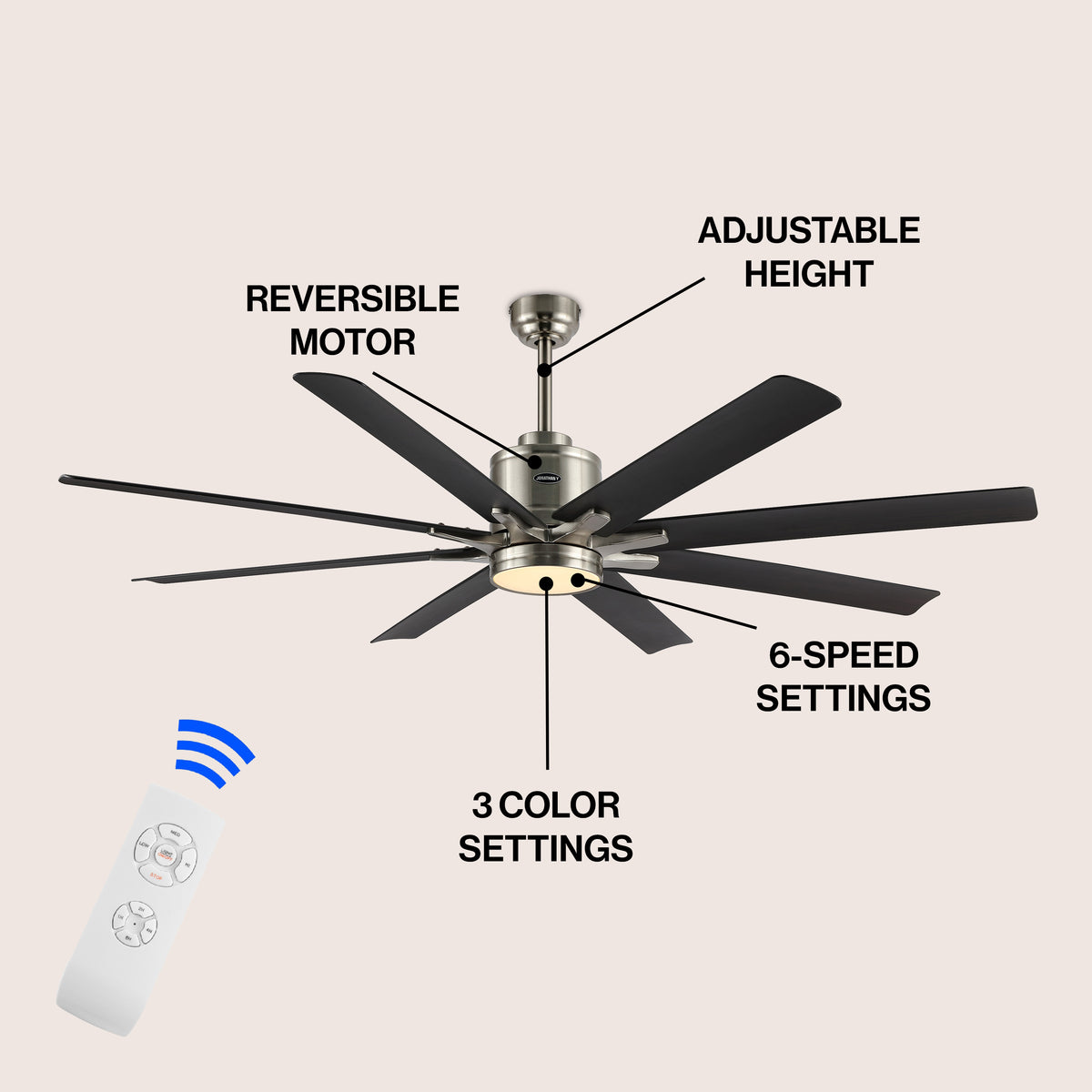 Harbor 66" Contemporary Industrial Iron/Plastic Mobile-App/Remote-Controlled 6-Speed Ceiling Fan with Integrated LED Light
