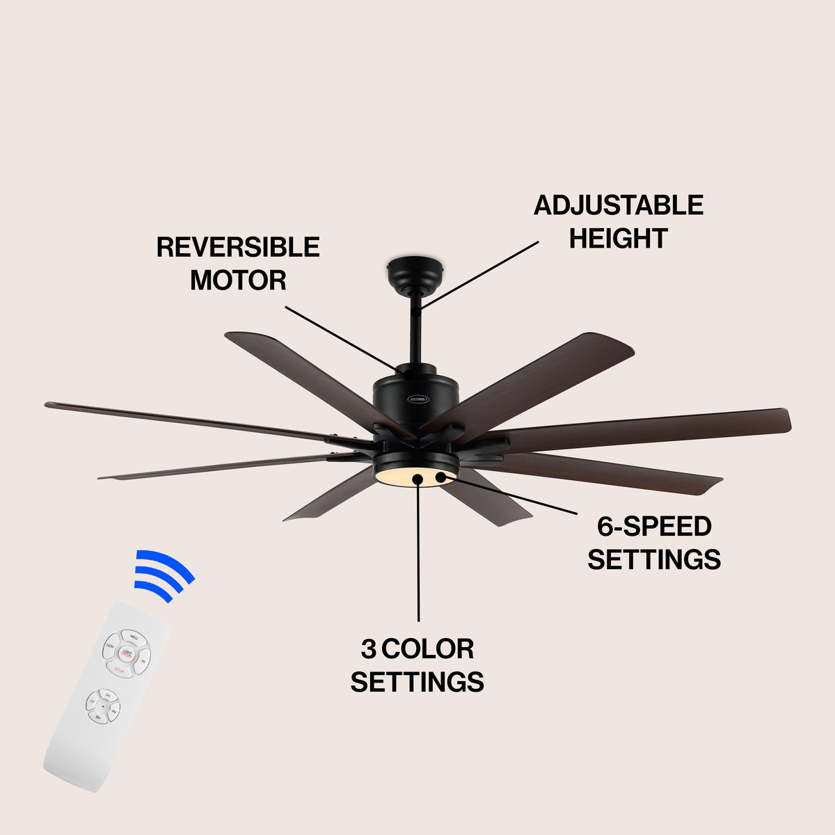 Harbor 66" Contemporary Industrial Iron/Plastic Mobile-App/Remote-Controlled 6-Speed Ceiling Fan with Integrated LED Light