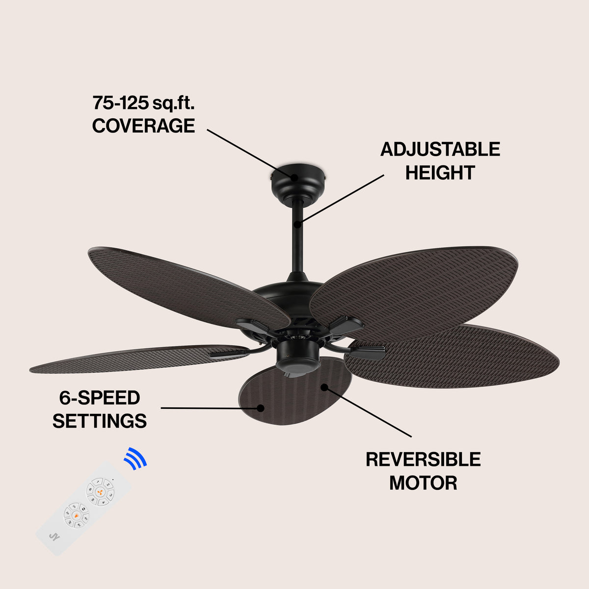 Thompson 52" Bohemian Industrial Iron/Plastic Mobile-App/Remote-Controlled 6-Speed Palm Blade Ceiling Fan