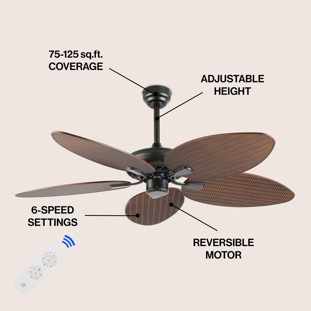 Thompson 52" Bohemian Industrial Iron/Plastic Mobile-App/Remote-Controlled 6-Speed Palm Blade Ceiling Fan