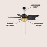 Quincy 52" Coastal Bohemian Iron/Wood Palm Leaf LED Ceiling Fan with Pull Chain
