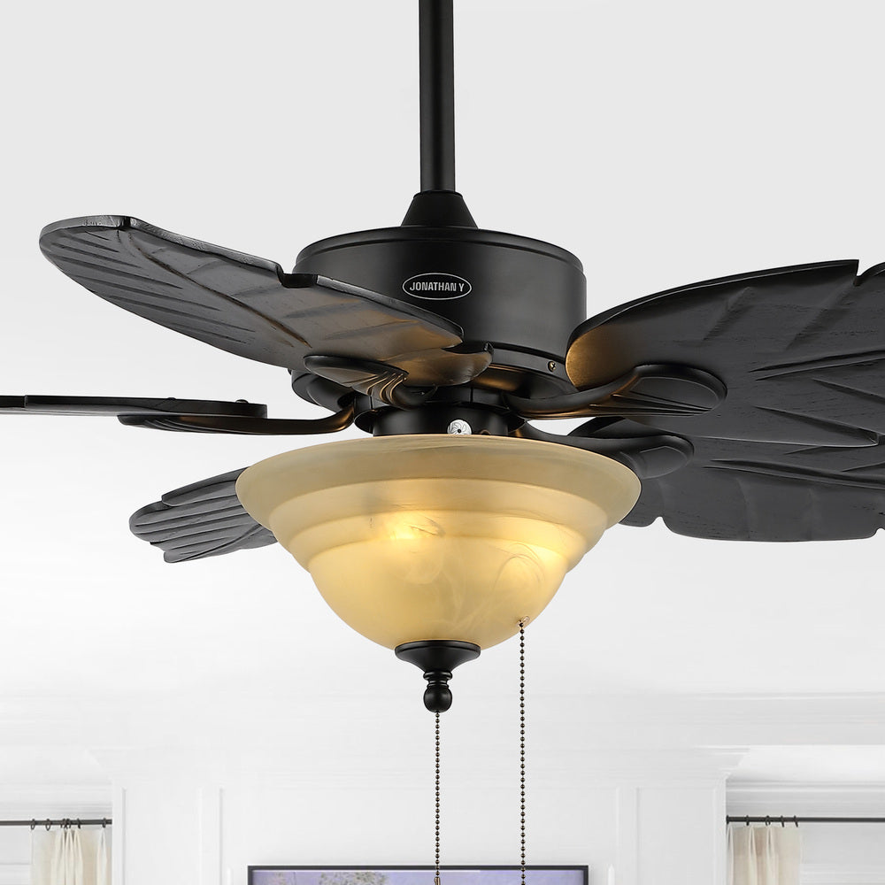 Quincy 52" Coastal Bohemian Iron/Wood Palm Leaf LED Ceiling Fan with Pull Chain