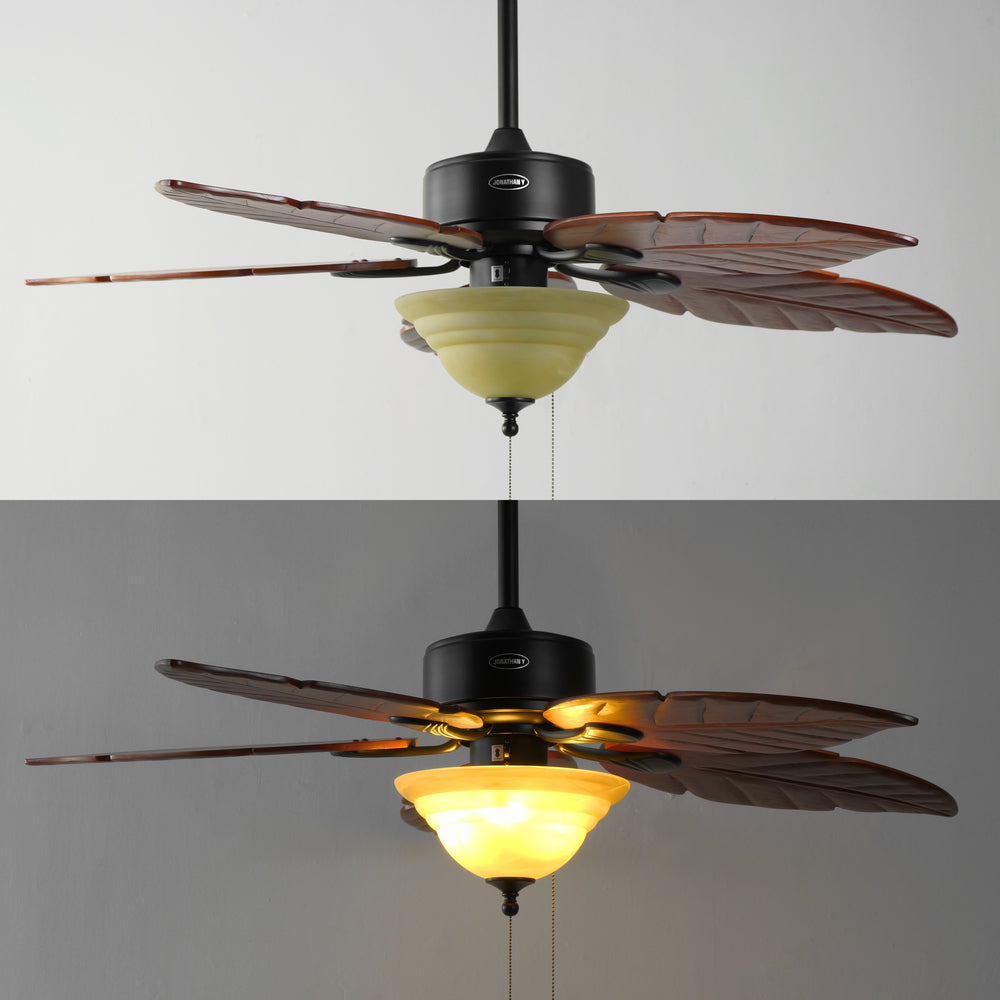 Quincy 52" Coastal Bohemian Iron/Wood Palm Leaf LED Ceiling Fan with Pull Chain