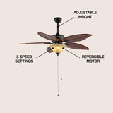 Quincy 52" Coastal Bohemian Iron/Wood Palm Leaf LED Ceiling Fan with Pull Chain