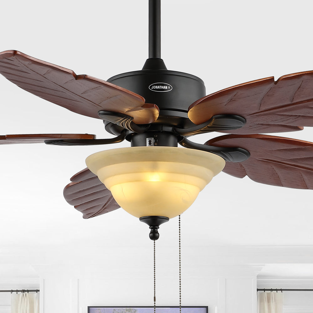 Quincy 52" Coastal Bohemian Iron/Wood Palm Leaf LED Ceiling Fan with Pull Chain