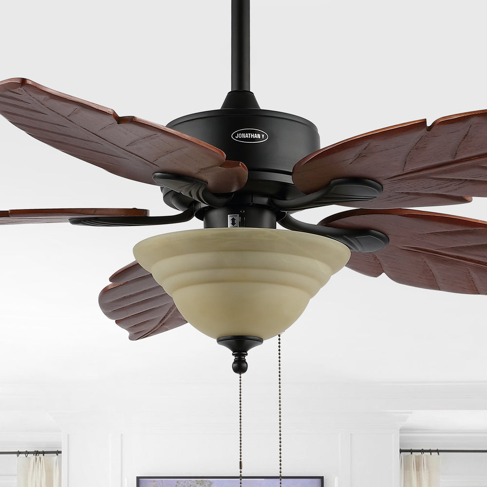 Quincy 52" Coastal Bohemian Iron/Wood Palm Leaf LED Ceiling Fan with Pull Chain