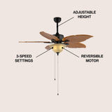 Quincy 52" Coastal Bohemian Iron/Wood Palm Leaf LED Ceiling Fan with Pull Chain