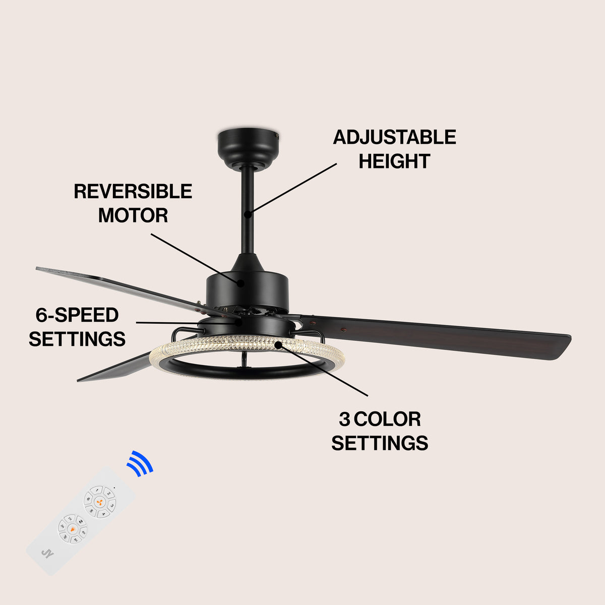 Etokfoks 52" Modern Industrial Iron/Acrylic/Wood Remote-Controlled 6-Speed Integrated LED Ceiling Fan
