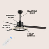 Etokfoks 52" Modern Industrial Iron/Acrylic/Wood Remote-Controlled 6-Speed Integrated LED Ceiling Fan
