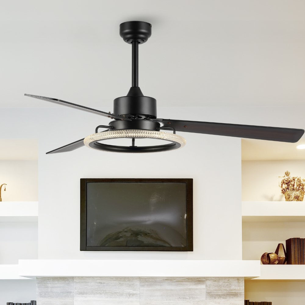 Etokfoks 52" Modern Industrial Iron/Acrylic/Wood Remote-Controlled 6-Speed Integrated LED Ceiling Fan