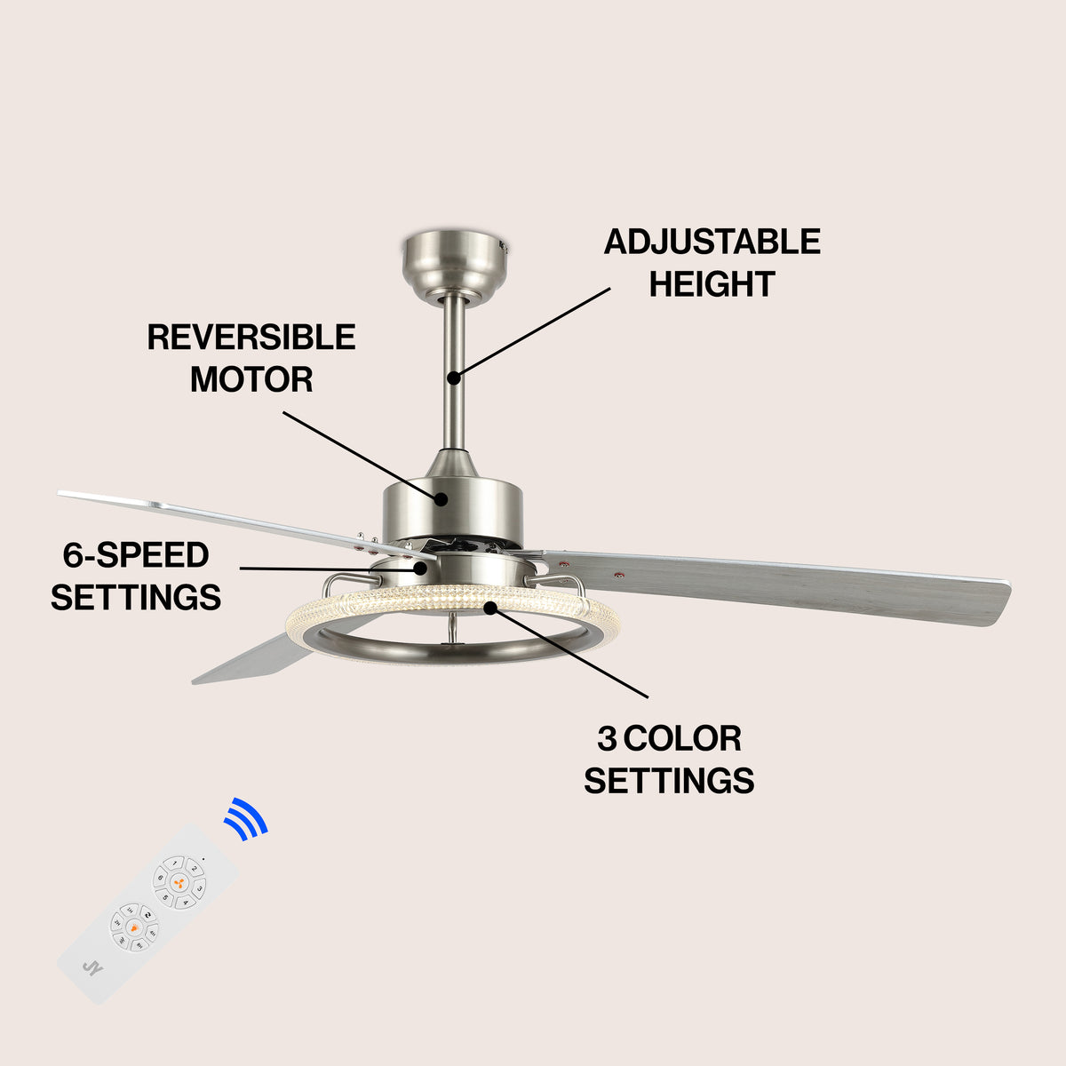 Etokfoks 52" Modern Industrial Iron/Acrylic/Wood Remote-Controlled 6-Speed Integrated LED Ceiling Fan
