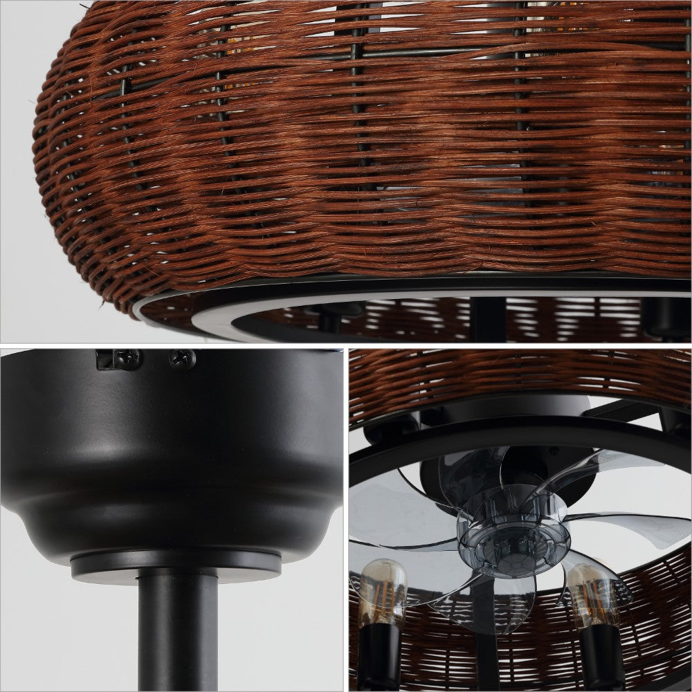 Cassidy 23" 6-Light Modern Bohemian 6-Speed Metal/Rattan Mobile-App/Remote-Controlled Height-Adjustable Lantern LED Ceiling Fan