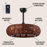 Cassidy 23" 6-Light Modern Bohemian 6-Speed Metal/Rattan Mobile-App/Remote-Controlled Height-Adjustable Lantern LED Ceiling Fan