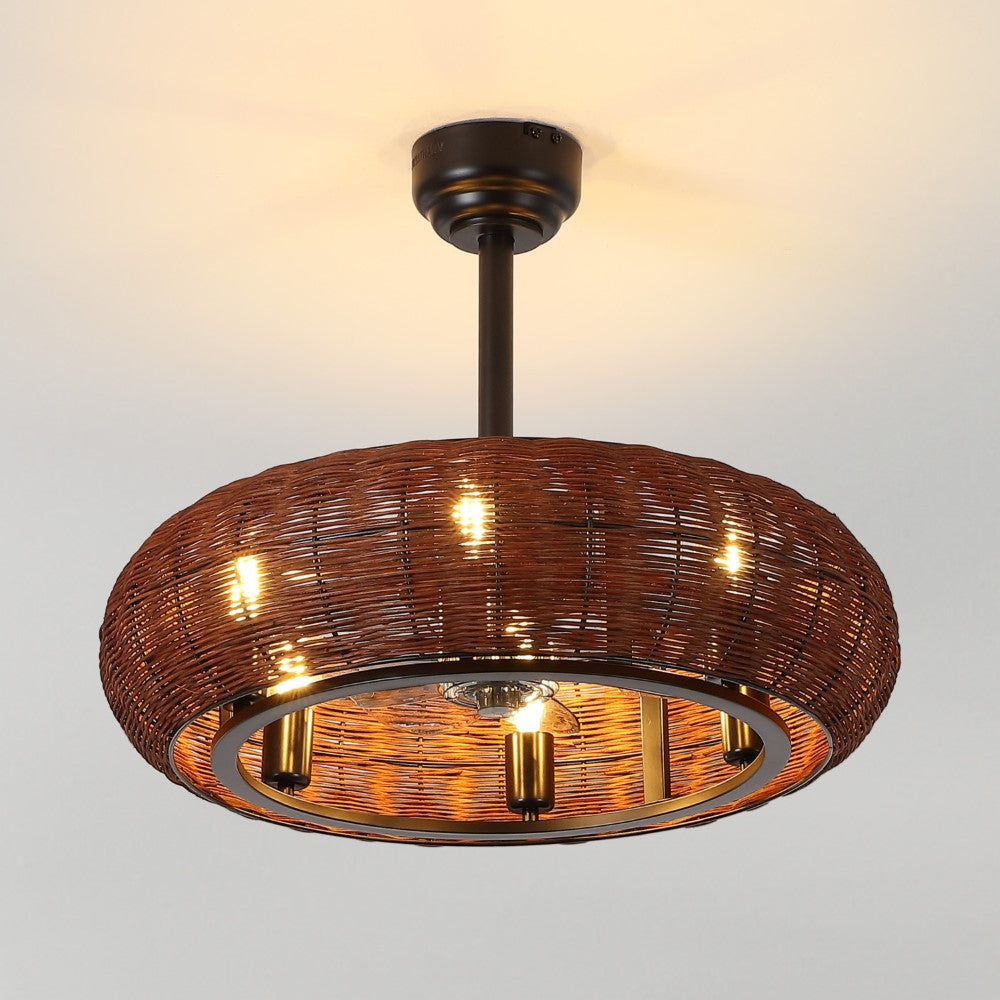 Cassidy 23" 6-Light Modern Bohemian 6-Speed Metal/Rattan Mobile-App/Remote-Controlled Height-Adjustable Lantern LED Ceiling Fan