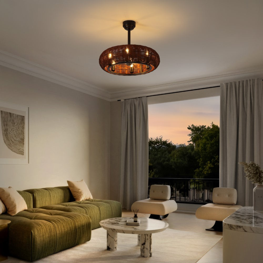 Cassidy 23" 6-Light Modern Bohemian 6-Speed Metal/Rattan Mobile-App/Remote-Controlled Height-Adjustable Lantern LED Ceiling Fan