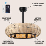 Cassidy 23" 6-Light Modern Bohemian 6-Speed Metal/Rattan Mobile-App/Remote-Controlled Height-Adjustable Lantern LED Ceiling Fan