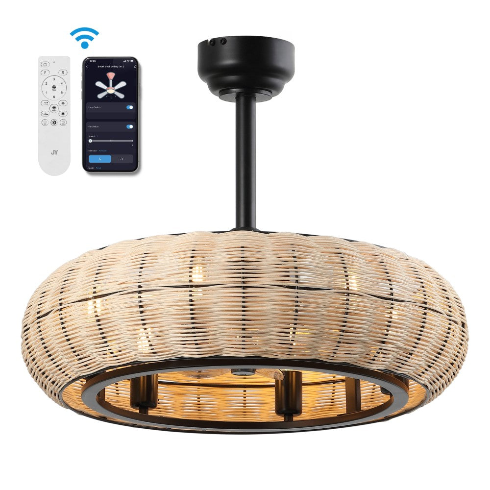 Cassidy 23" 6-Light Modern Bohemian 6-Speed Metal/Rattan Mobile-App/Remote-Controlled Height-Adjustable Lantern LED Ceiling Fan