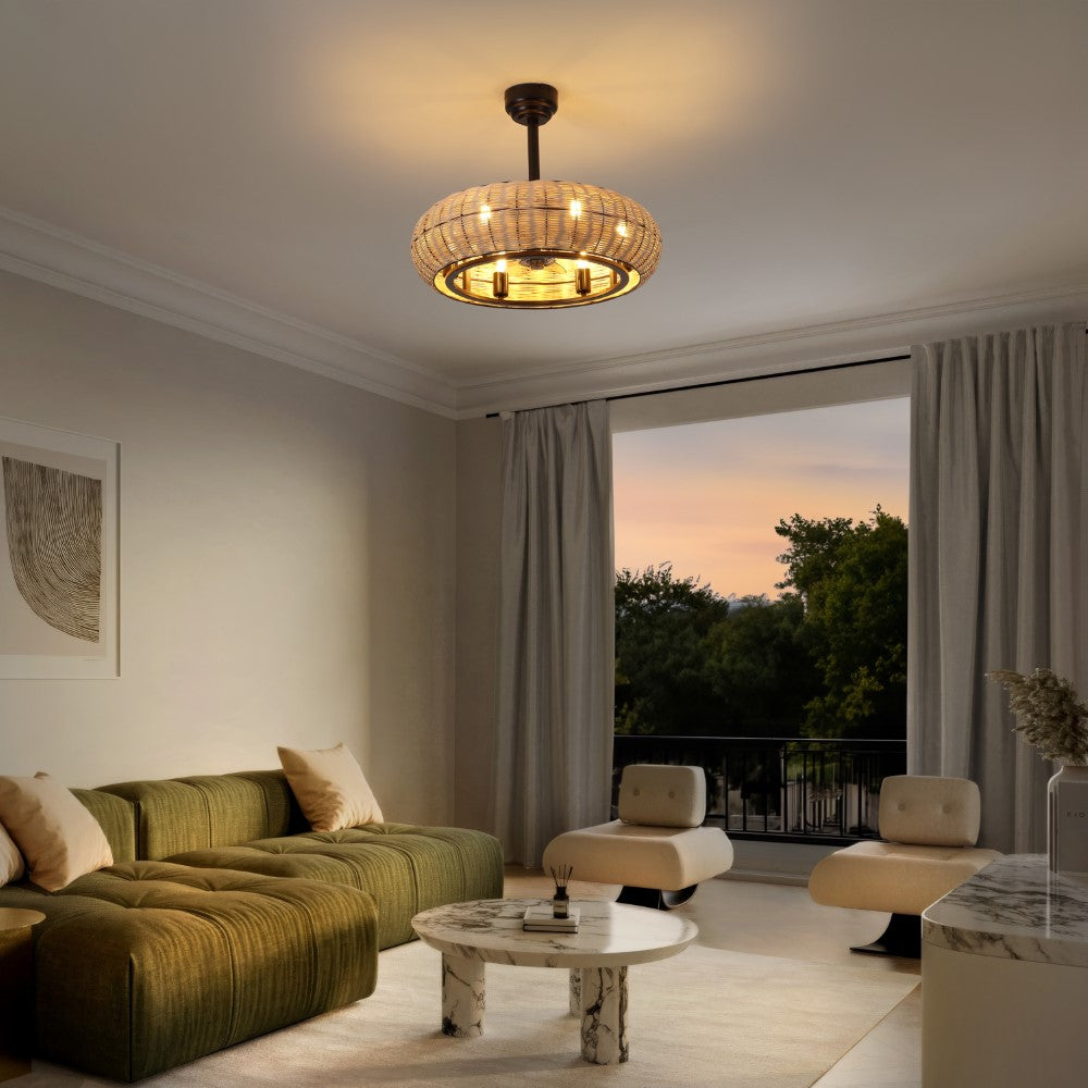 Cassidy 23" 6-Light Modern Bohemian 6-Speed Metal/Rattan Mobile-App/Remote-Controlled Height-Adjustable Lantern LED Ceiling Fan
