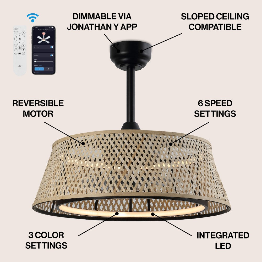 Cressida 23.75" Traditional Bohemian 6-Speed Metal/Bamboo Mobile-App/Remote-Controlled Height-Adjustable Dimmable Caged Integrated LED Ceiling Fan