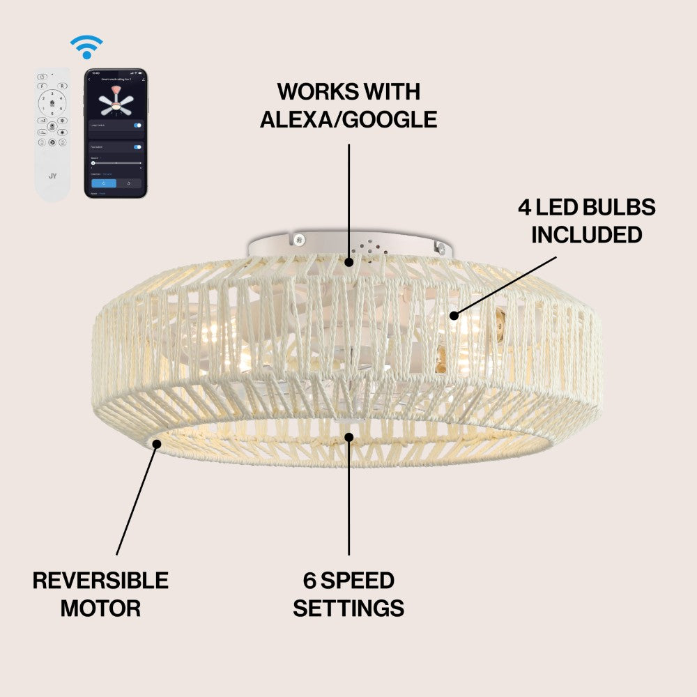 Rowan 19.5" 4-Light Modern Bohemian 6-Speed Metal/Rattan Mobile-App/Remote-Controlled Lantern LED Ceiling Fan